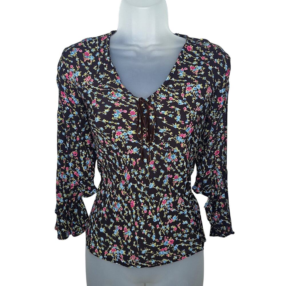 Vintage Y2K Faded Glory Babydoll Top S Ditsy Floral Fairy Grunge Bow Bell Sleeve